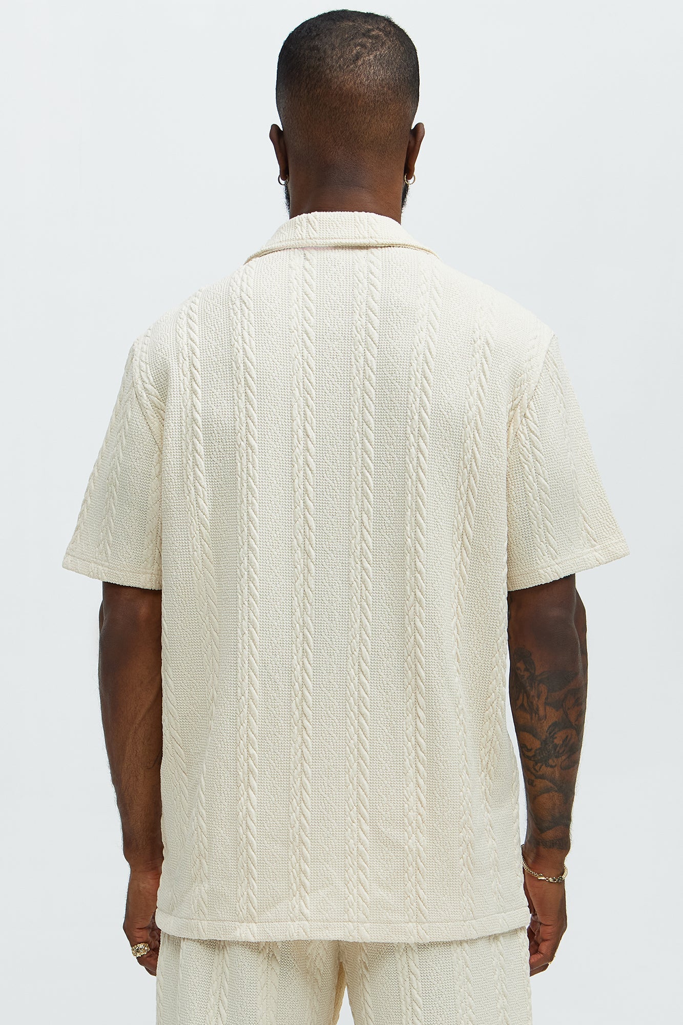 Textured Stripes Cuban Short Sleeve Button Up Shirt - Cream