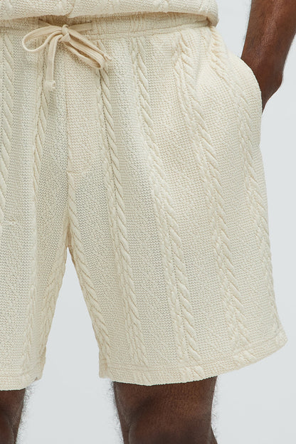 Textured Stripes Relaxed Drawstring Shorts - Cream