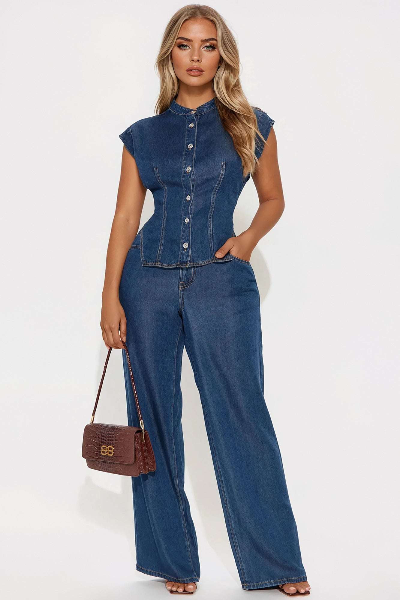 Olivia Wide Leg Pant Set - Denim