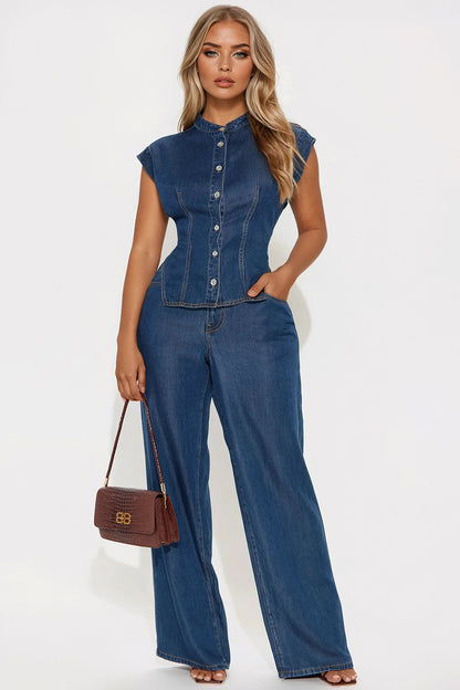 Olivia Wide Leg Pant Set - Denim