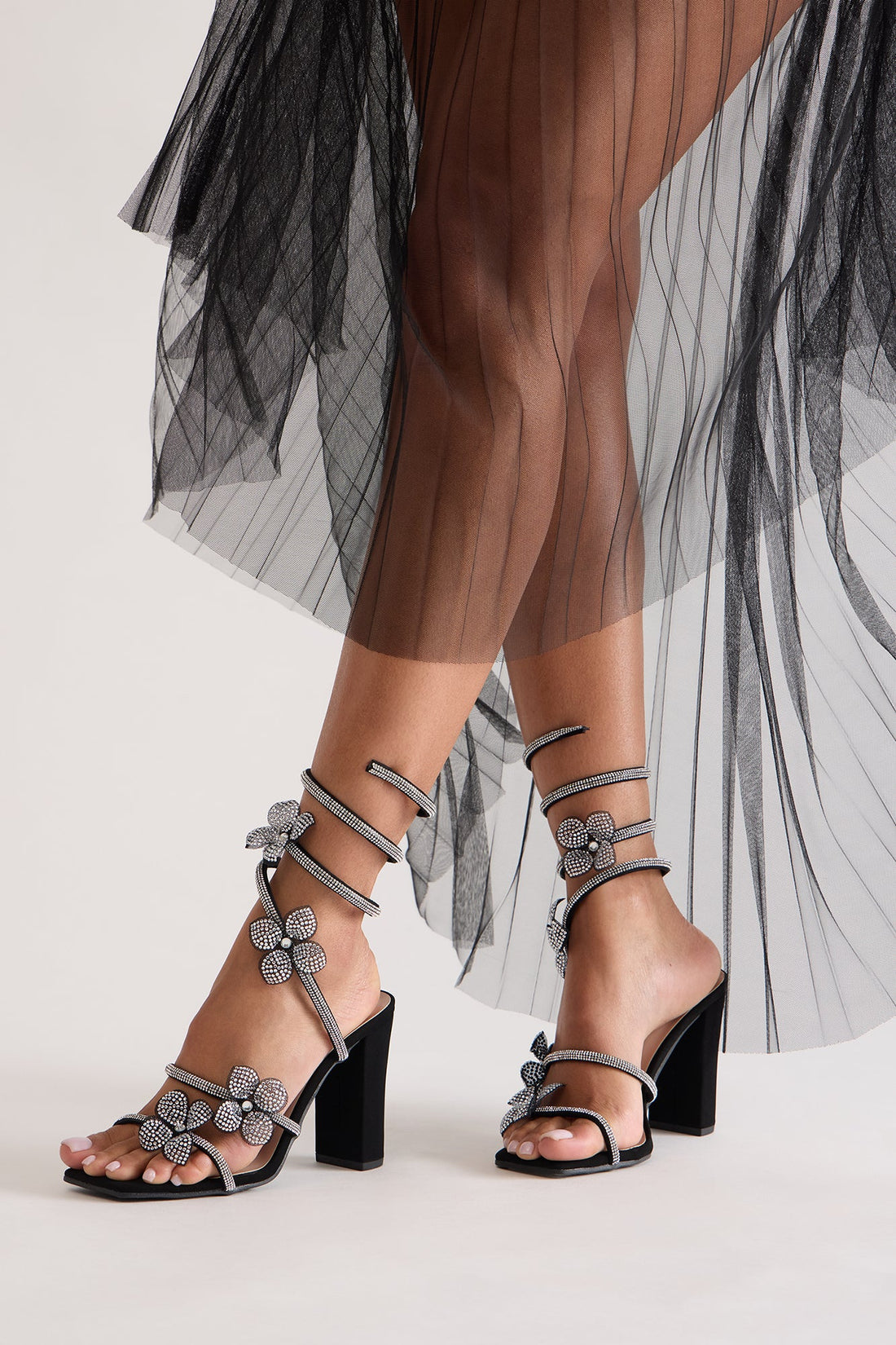 Celestial Rhinestone Flower Wrap Up Heels - Black