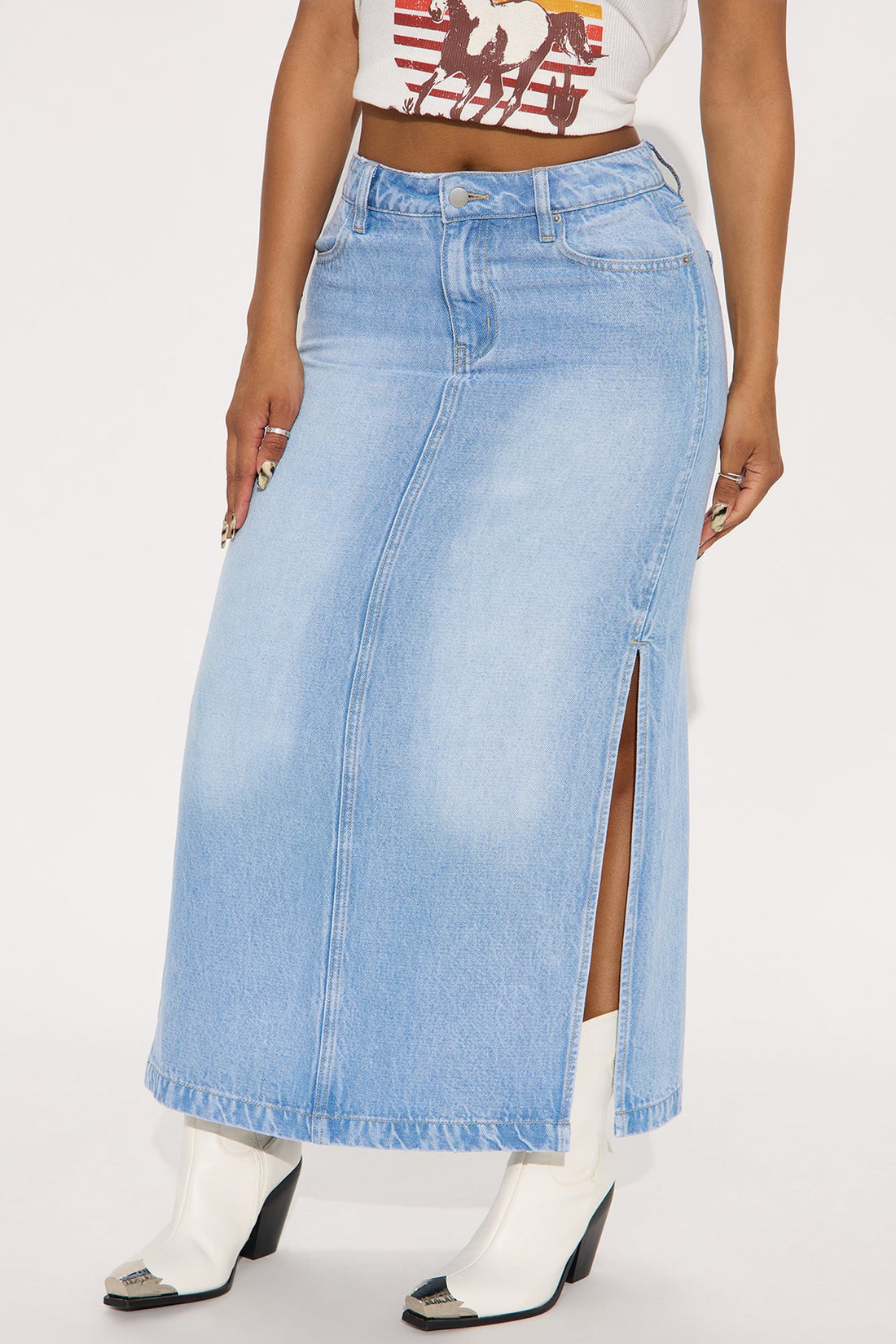 Pepper Denim Dual Side Slit Ankle Maxi Skirt - Light Wash
