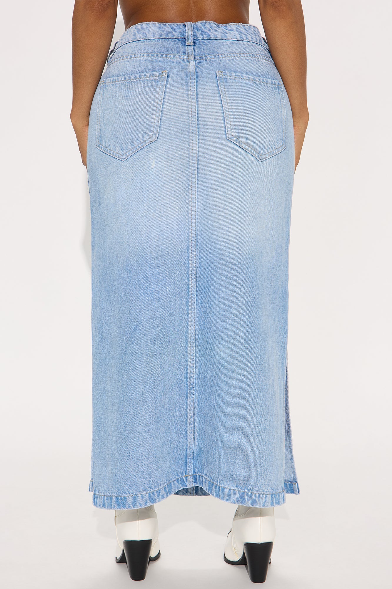 Pepper Denim Dual Side Slit Ankle Maxi Skirt - Light Wash