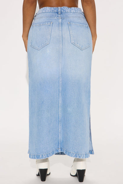 Pepper Denim Dual Side Slit Ankle Maxi Skirt - Light Wash