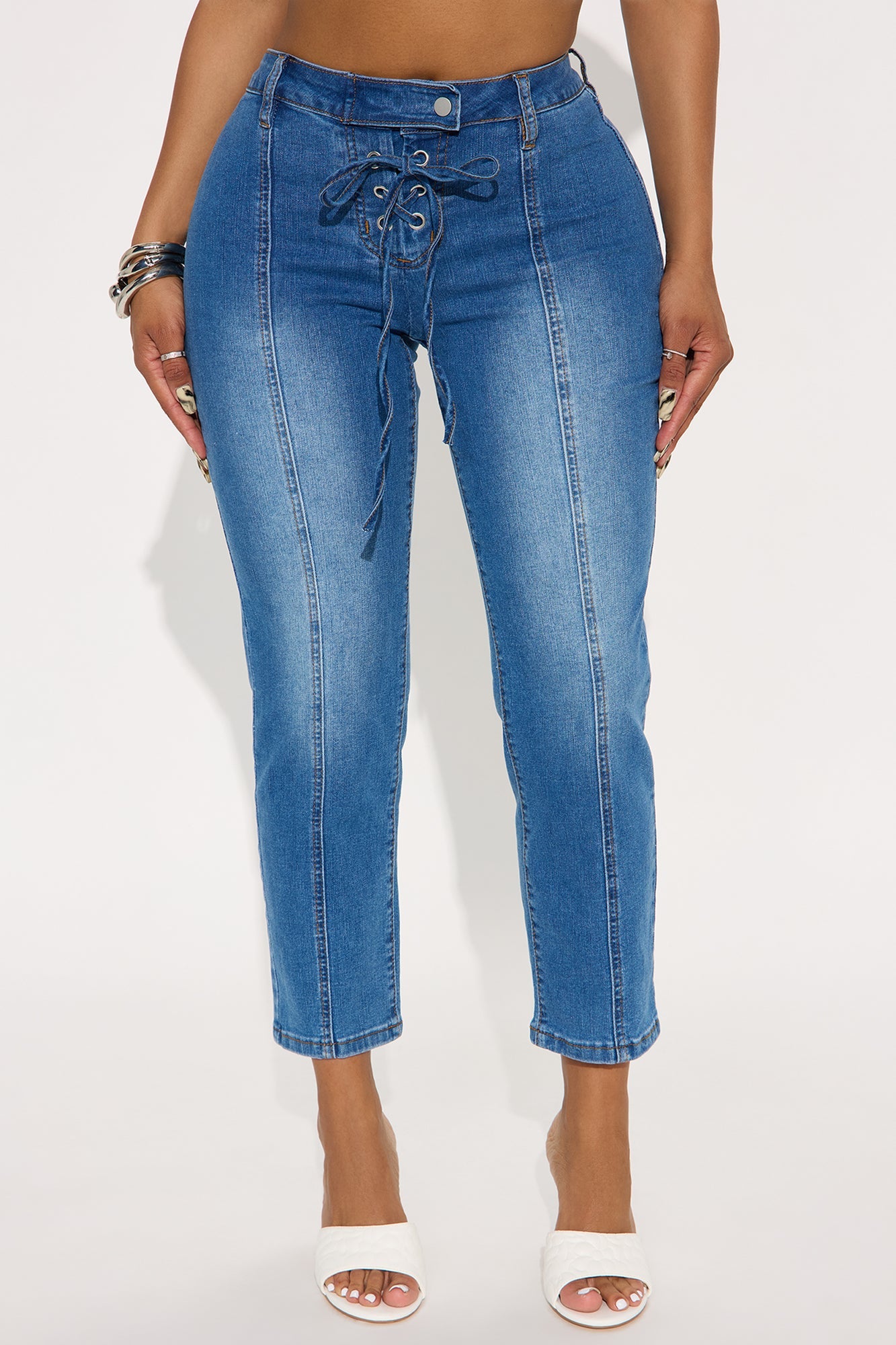 Bossa Nova Lace Up Capri Denim Jeans - Medium Wash