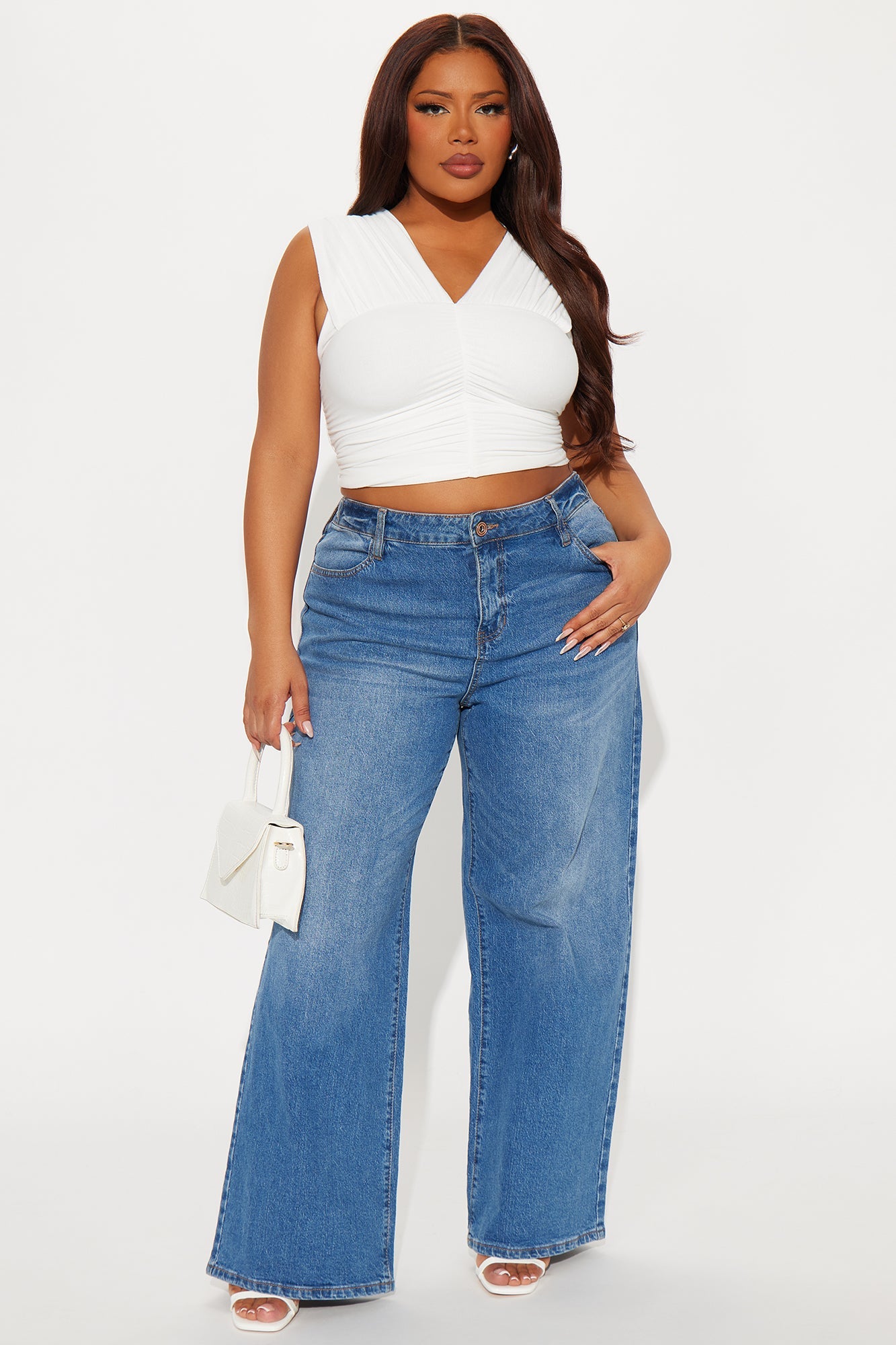 Delilah Ruched V-Neck Double Lined Top - Ivory