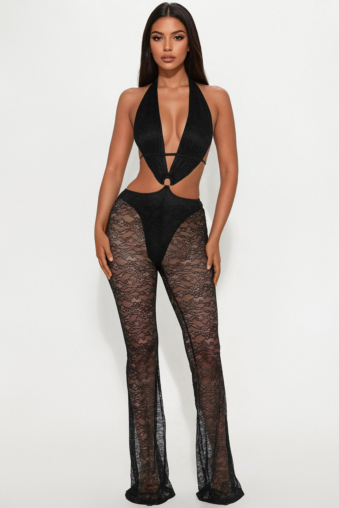 Lucky Night Lace Halter Jumpsuit - Black