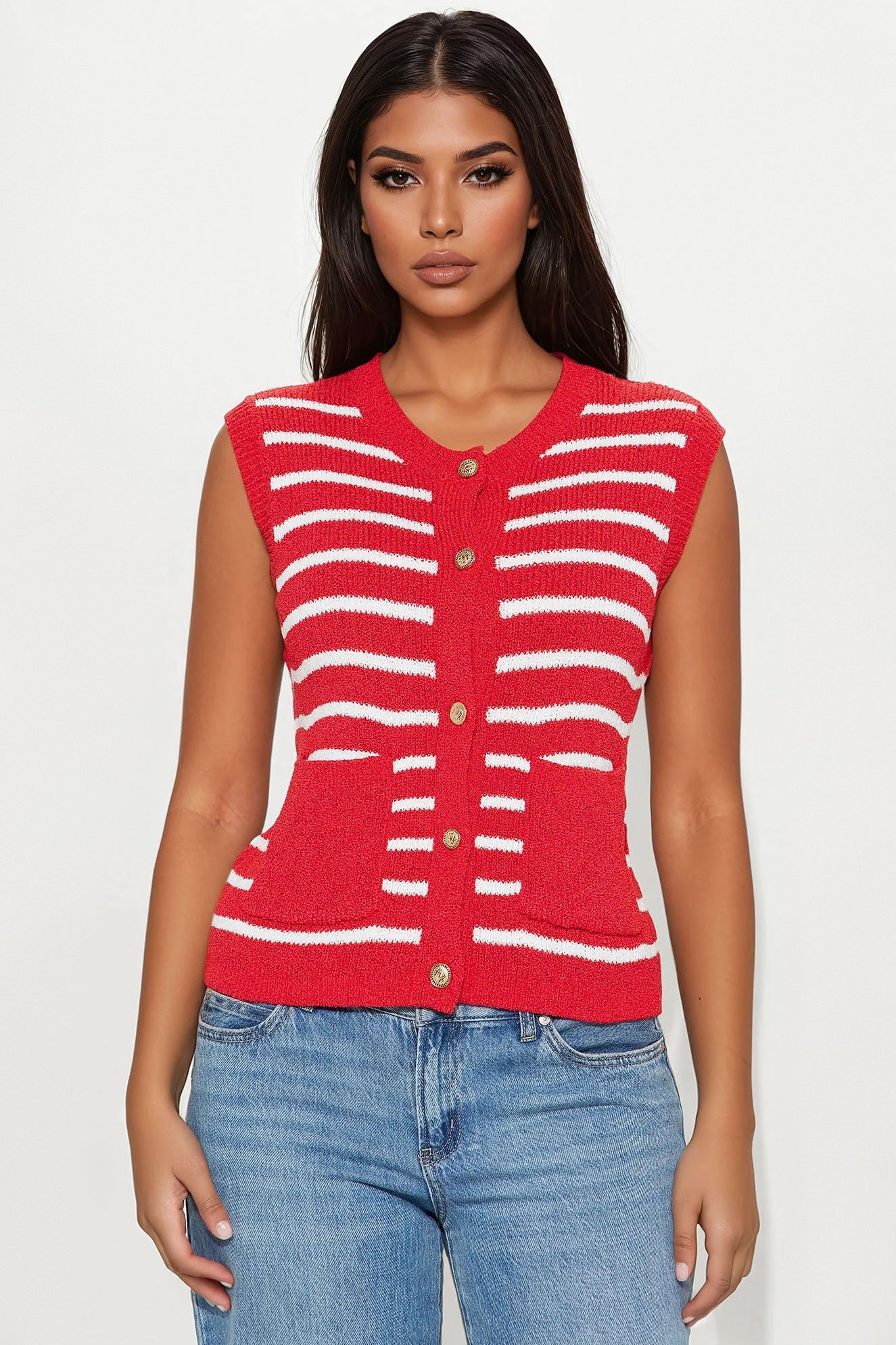 Perfectly Sweet Striped Sweater Vest - Red/White