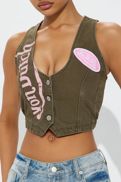 Von Dutch Patchwork Cropped Denim Vest - Olive