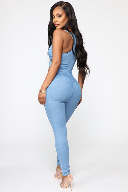 Cut Out The Haters Denim Jumpsuit - Light Wash