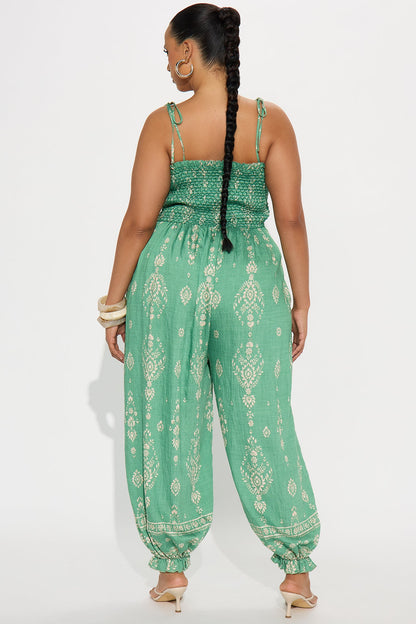 Arabella Linen Jogger Leg Jumpsuit - Green/combo