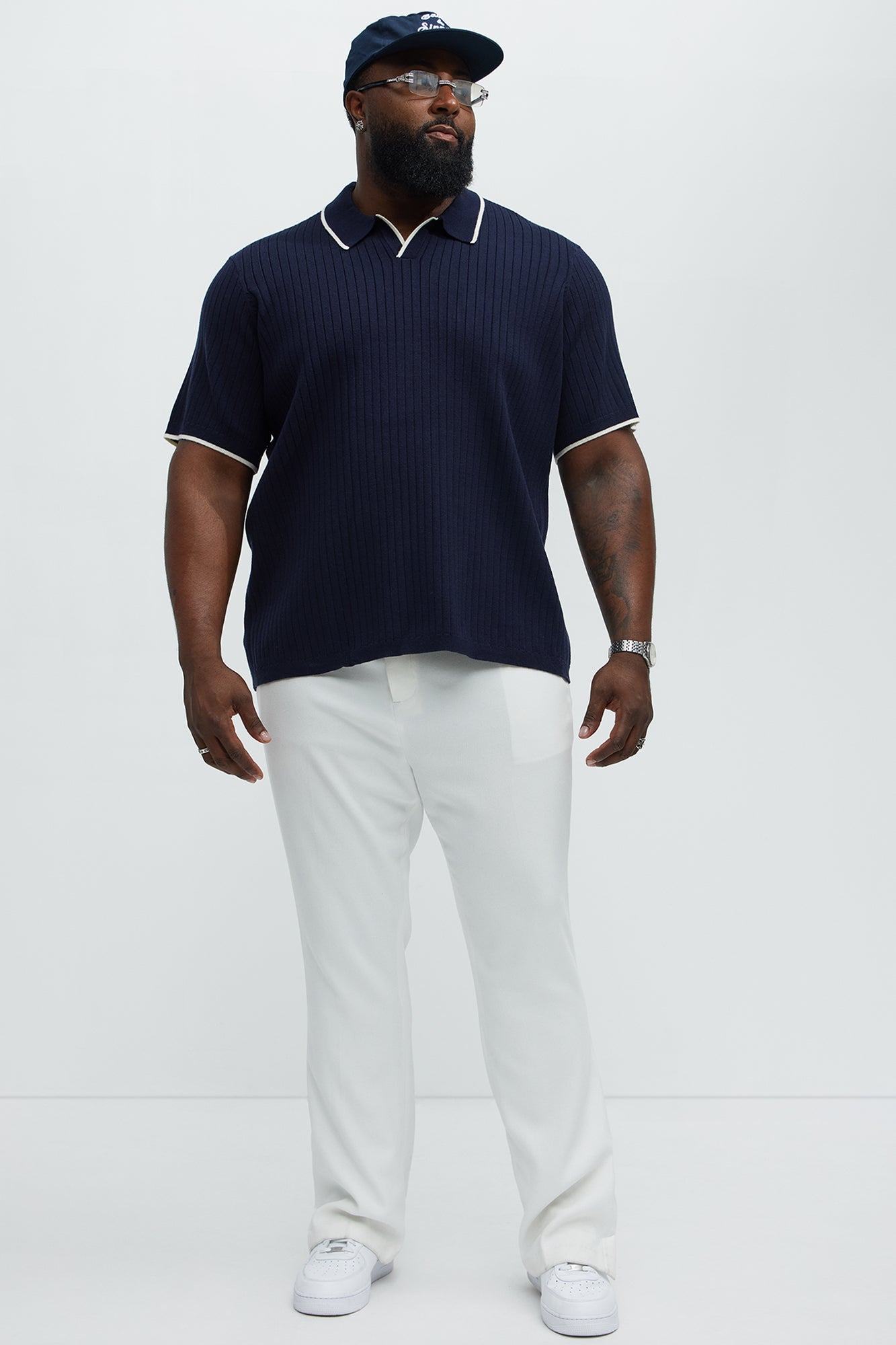 Garrison Knitted Johnny Collar Short Sleeve Polo - Navy/combo