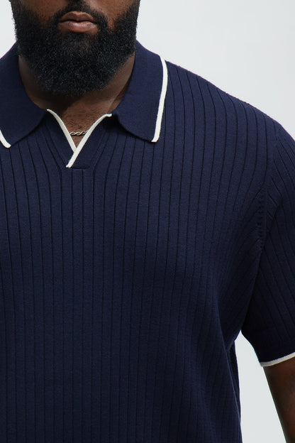 Garrison Knitted Johnny Collar Short Sleeve Polo - Navy/combo