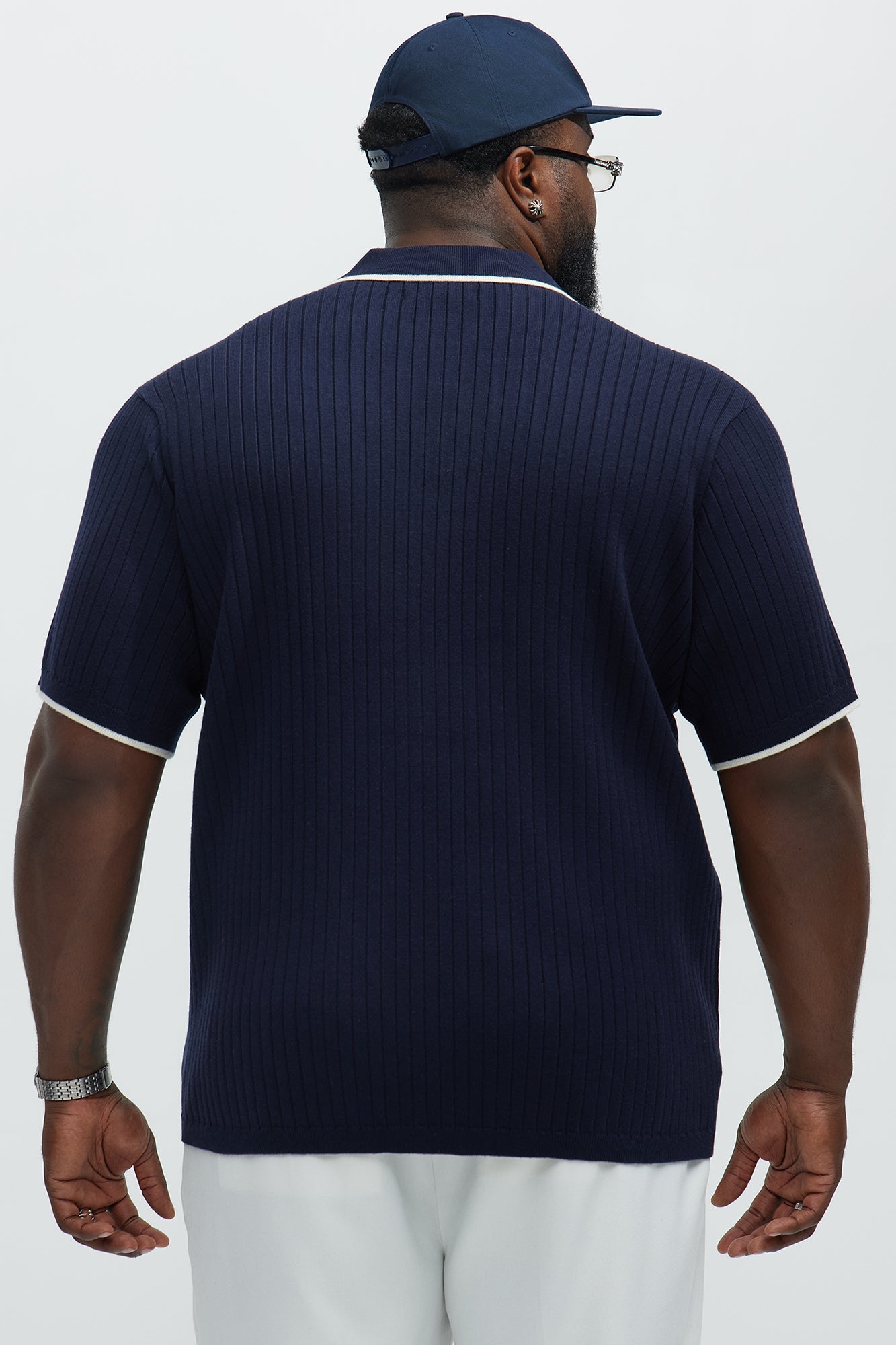 Garrison Knitted Johnny Collar Short Sleeve Polo - Navy/combo