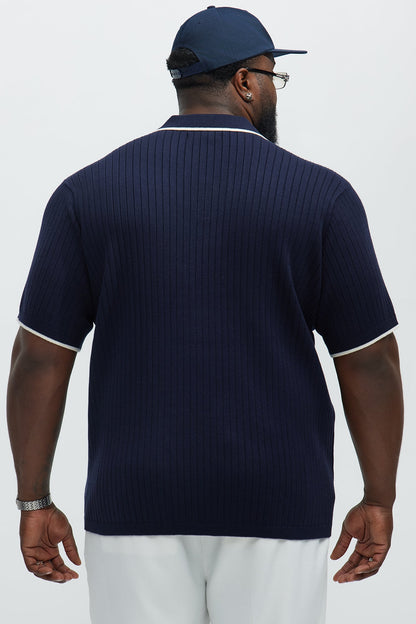Garrison Knitted Johnny Collar Short Sleeve Polo - Navy/combo