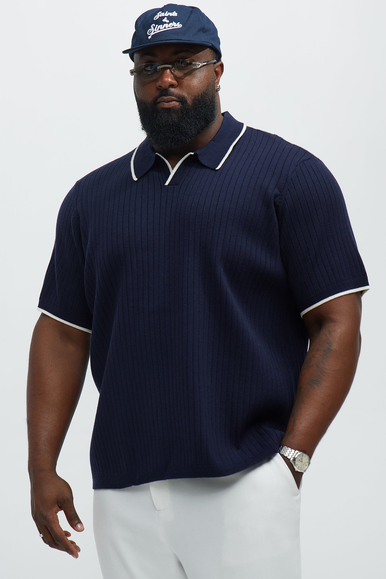 Garrison Knitted Johnny Collar Short Sleeve Polo - Navy/combo