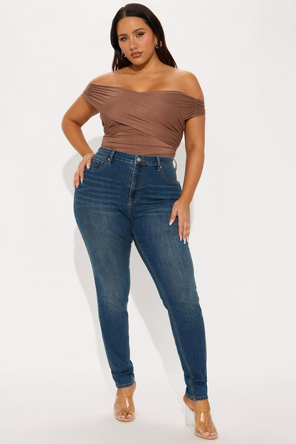 Sweetest Thing Ruched Off Shoulder Top - Chocolate