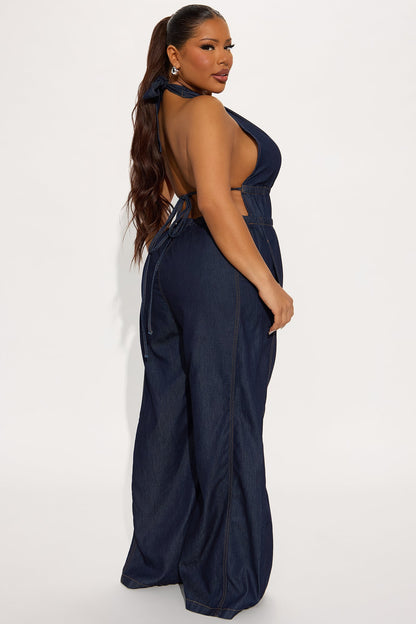 Enza Halter Denim Jumpsuit - Dark Wash