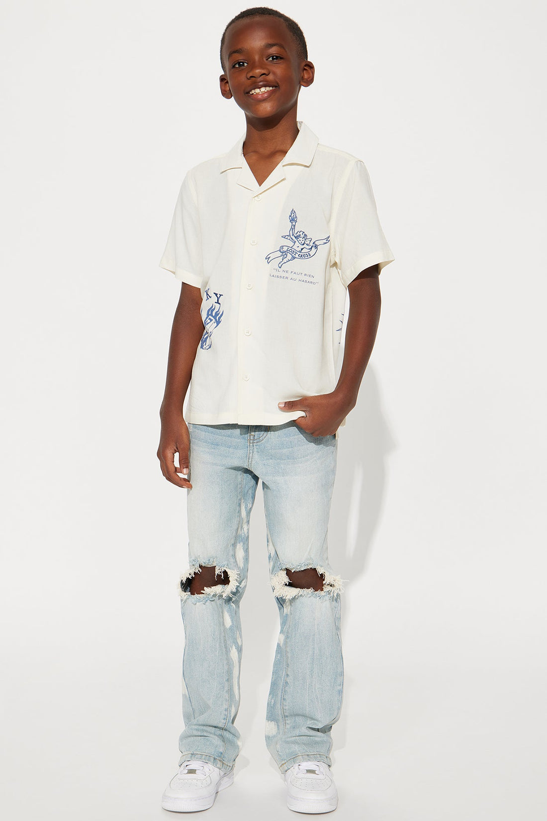 Mini Apex Splotter Ripped Stacked Skinny Flare Jeans - Light Blue Wash