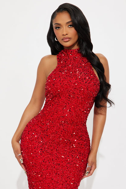 Zoey Feathered Sequin Gown - Red