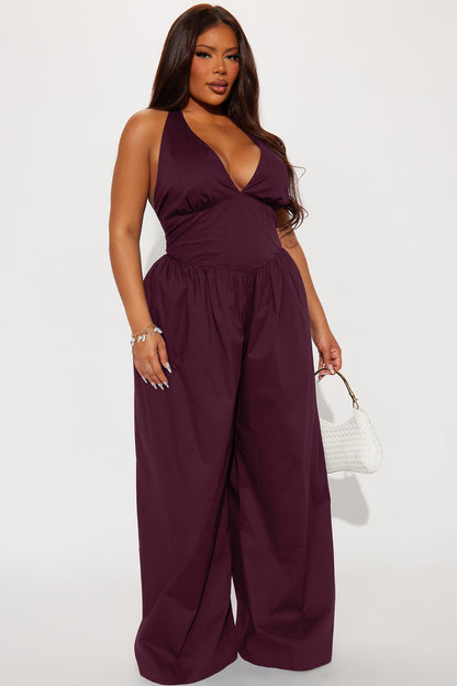 Lighter Than Air Poplin Halter Jumpsuit - Wine