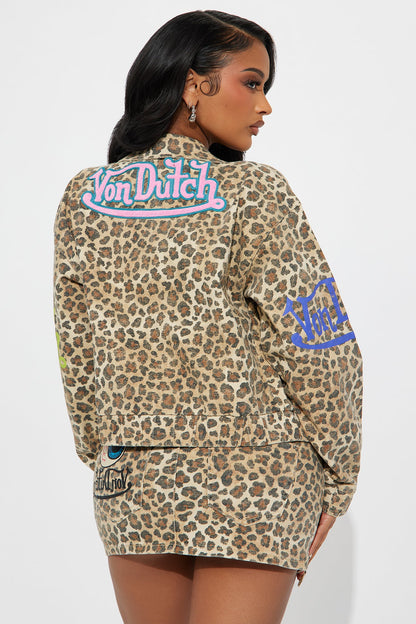 Von Dutch Leopard Denim Bomber Jacket - Brown/combo