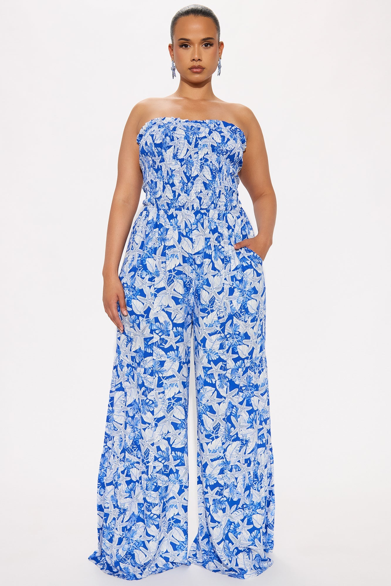 Kaylee Strapless Smocked Jumpsuit - Blue/combo