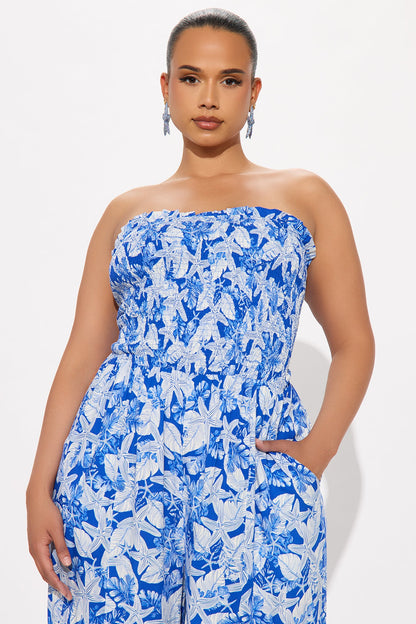 Kaylee Strapless Smocked Jumpsuit - Blue/combo