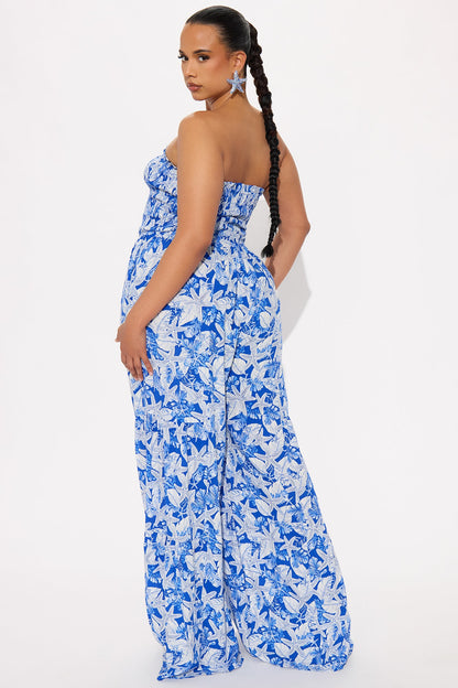 Kaylee Strapless Smocked Jumpsuit - Blue/combo