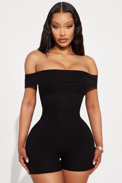 Melody Off Shoulder Ribbed Romper - Black