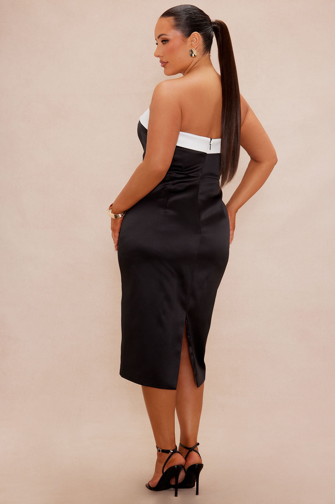 Emily Satin Midi Dress - Black/White
