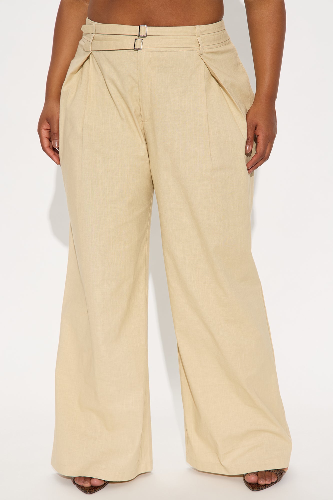 Peyton Wide Leg Double Belted Linen Pant - Khaki