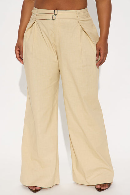 Peyton Wide Leg Double Belted Linen Pant - Khaki