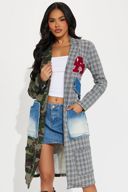 All Patched Up Long Blazer - Olive/combo