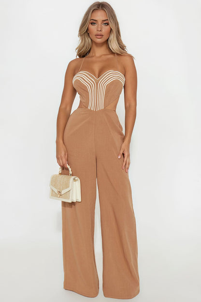 Tamra Wide Leg Linen Jumpsuit - Mocha