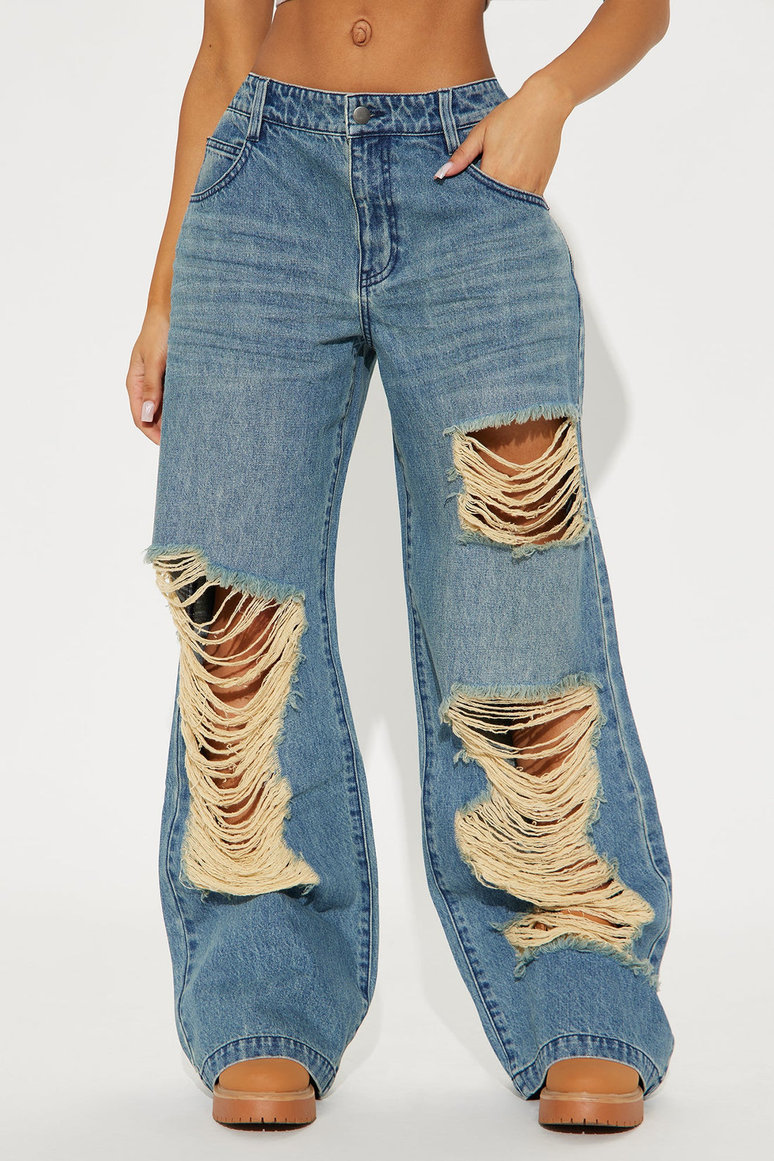 Cleo Ripped Wide Leg Jeans - Vintage Wash