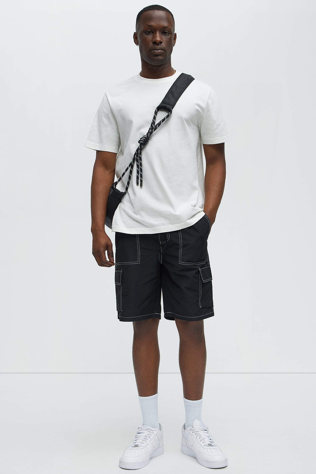 Contrast Stitch Nylon Cargo Short - Black