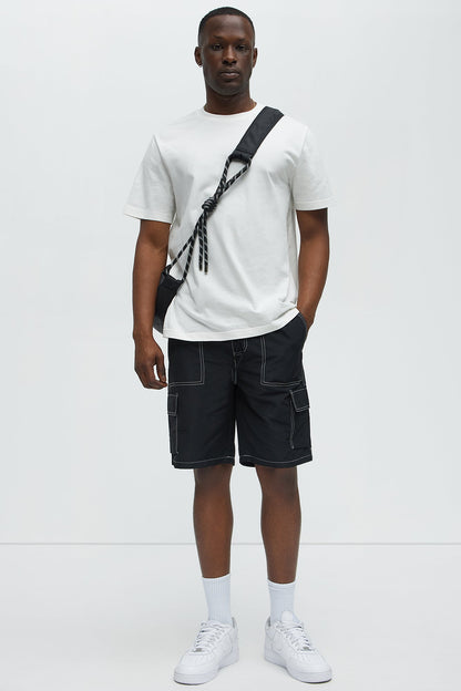 Contrast Stitch Nylon Cargo Short - Black
