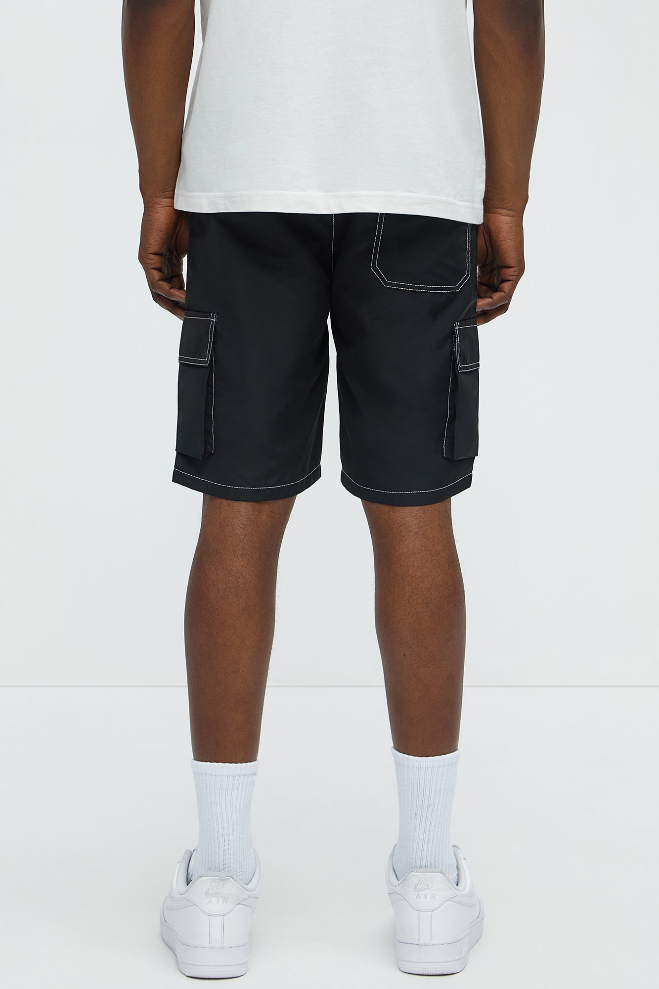 Contrast Stitch Nylon Cargo Short - Black