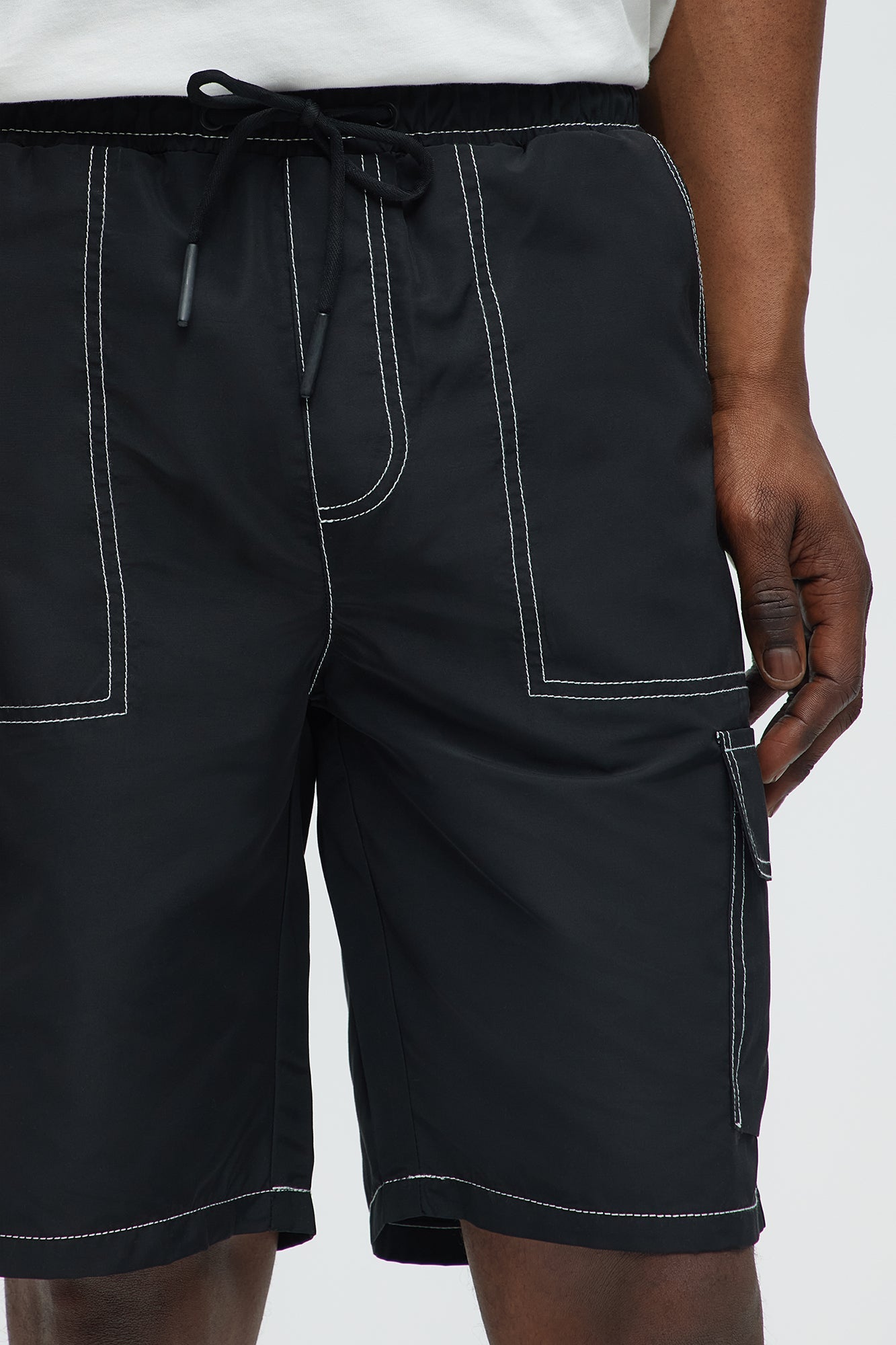 Contrast Stitch Nylon Cargo Short - Black