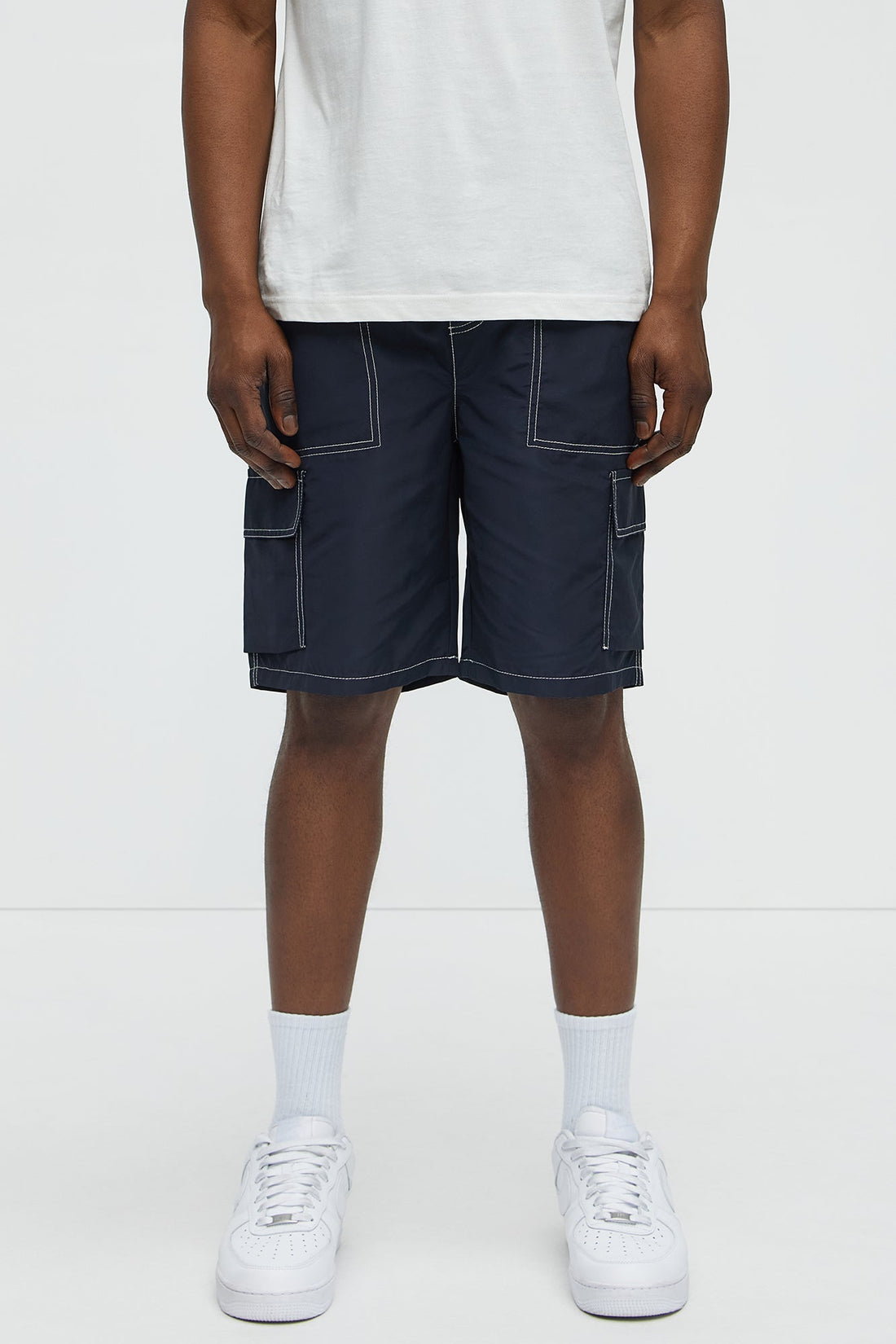 Contrast Stitch Nylon Cargo Short - Blue