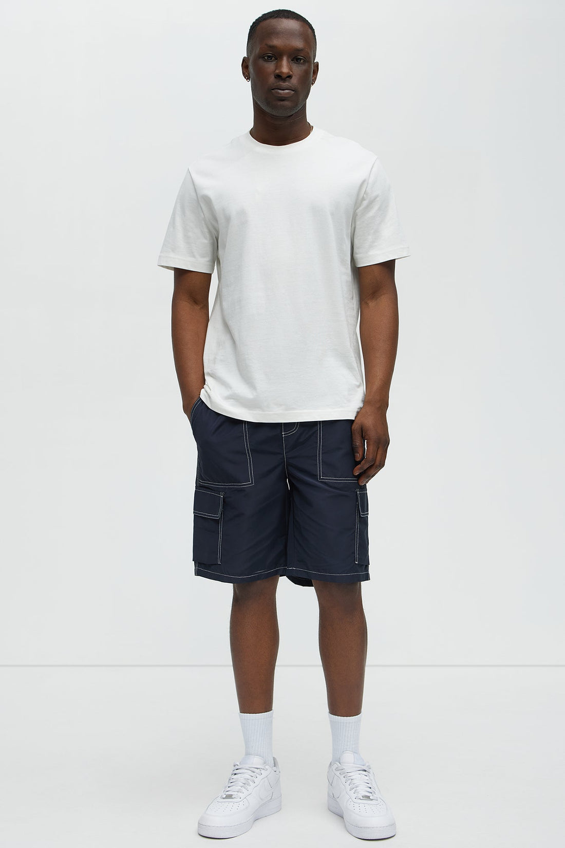 Contrast Stitch Nylon Cargo Short - Blue