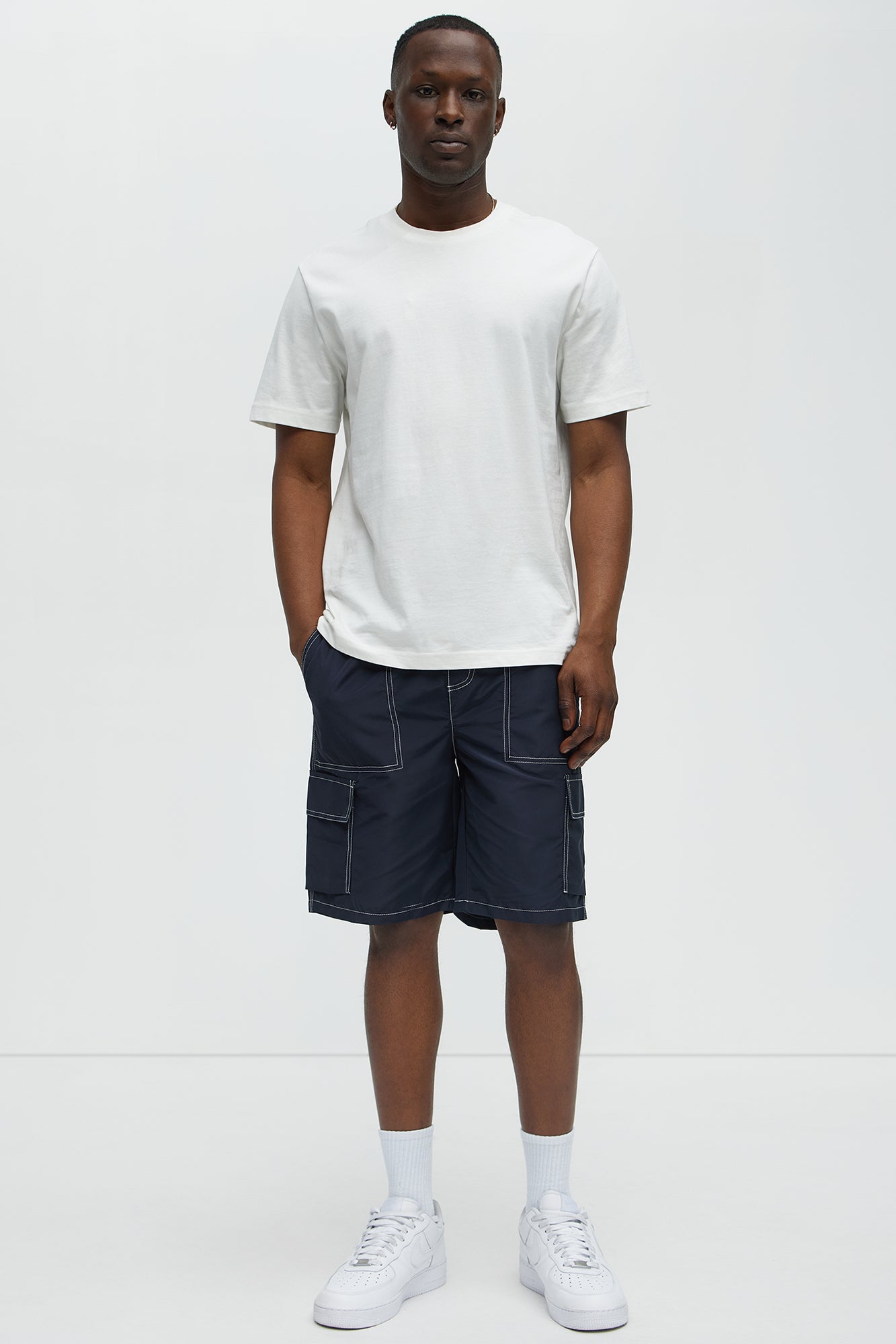 Contrast Stitch Nylon Cargo Short - Blue