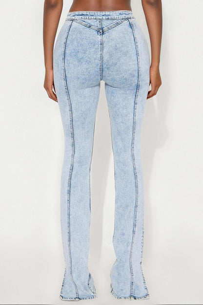 Tall Side Slit Stretch Slim Bootcut Jeans - Acid Wash Denim