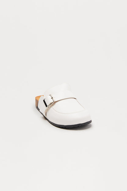 Tonya Faux Leather Buckle Flats - White