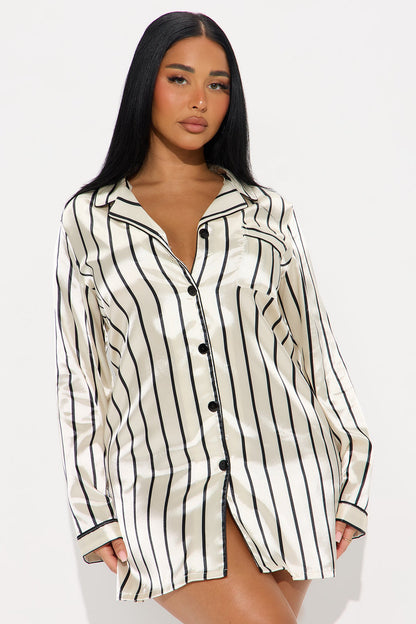 Elle Satin Long Sleeve PJ Sleep Shirt - Ivory/combo