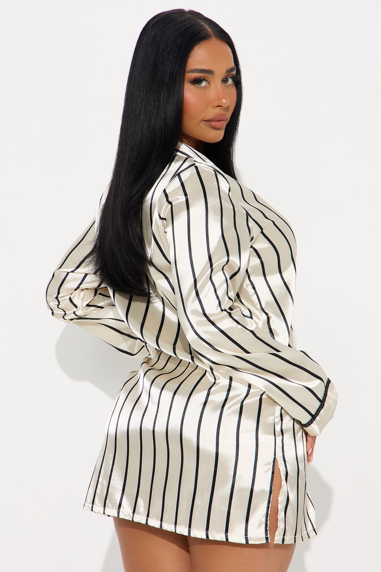 Elle Satin Long Sleeve PJ Sleep Shirt - Ivory/combo