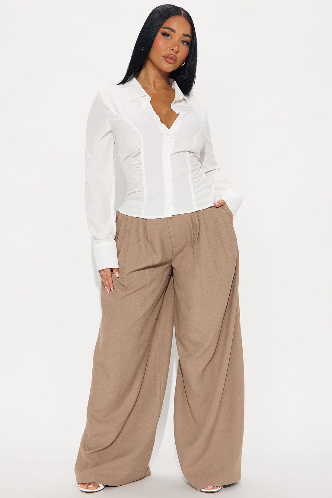 Stay Busy Ruched Challis Shirt - White