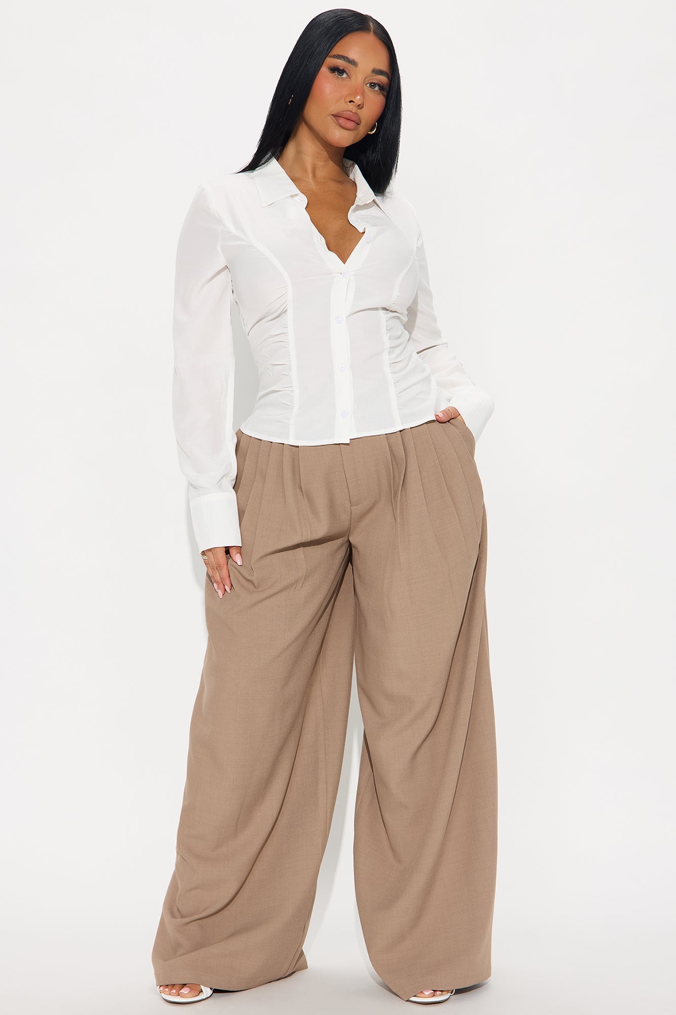 Stay Busy Ruched Challis Shirt - White