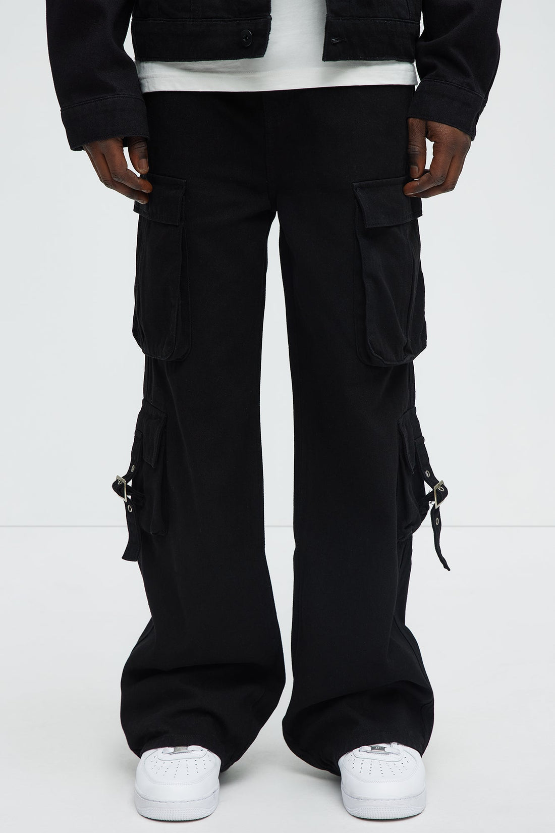 These Streets Cargo Buckle Straps Baggy Jeans - Black